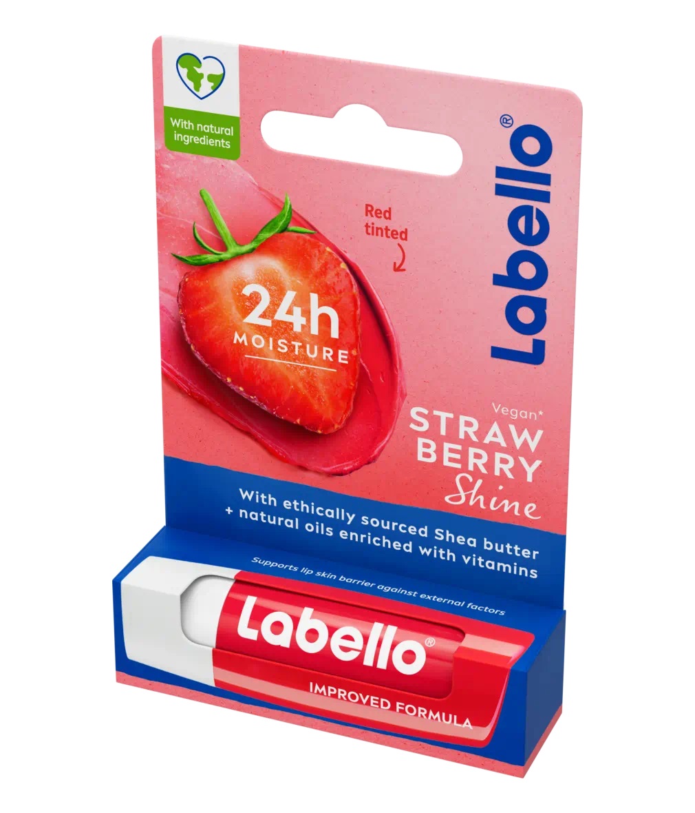 Labello Strawberry Shine Balsamo Labbra 5,5 ml - Aroma di Fragola, Colore Rosso Scintillante, Formula Idratante Senza Oli Minerali