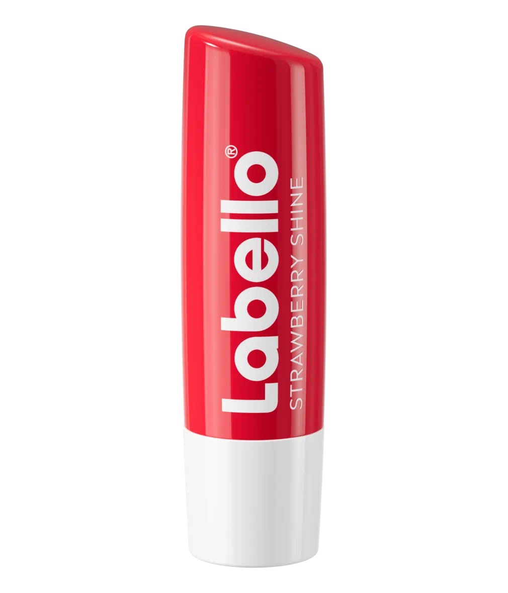Labello Strawberry Shine Balsamo Labbra 5,5 ml - Aroma di Fragola, Colore Rosso Scintillante, Formula Idratante Senza Oli Minerali