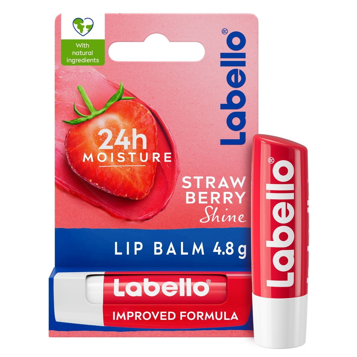 Labello Strawberry Shine Balsamo Labbra 5,5 ml - Aroma di Fragola, Colore Rosso Scintillante, Formula Idratante Senza Oli Minerali