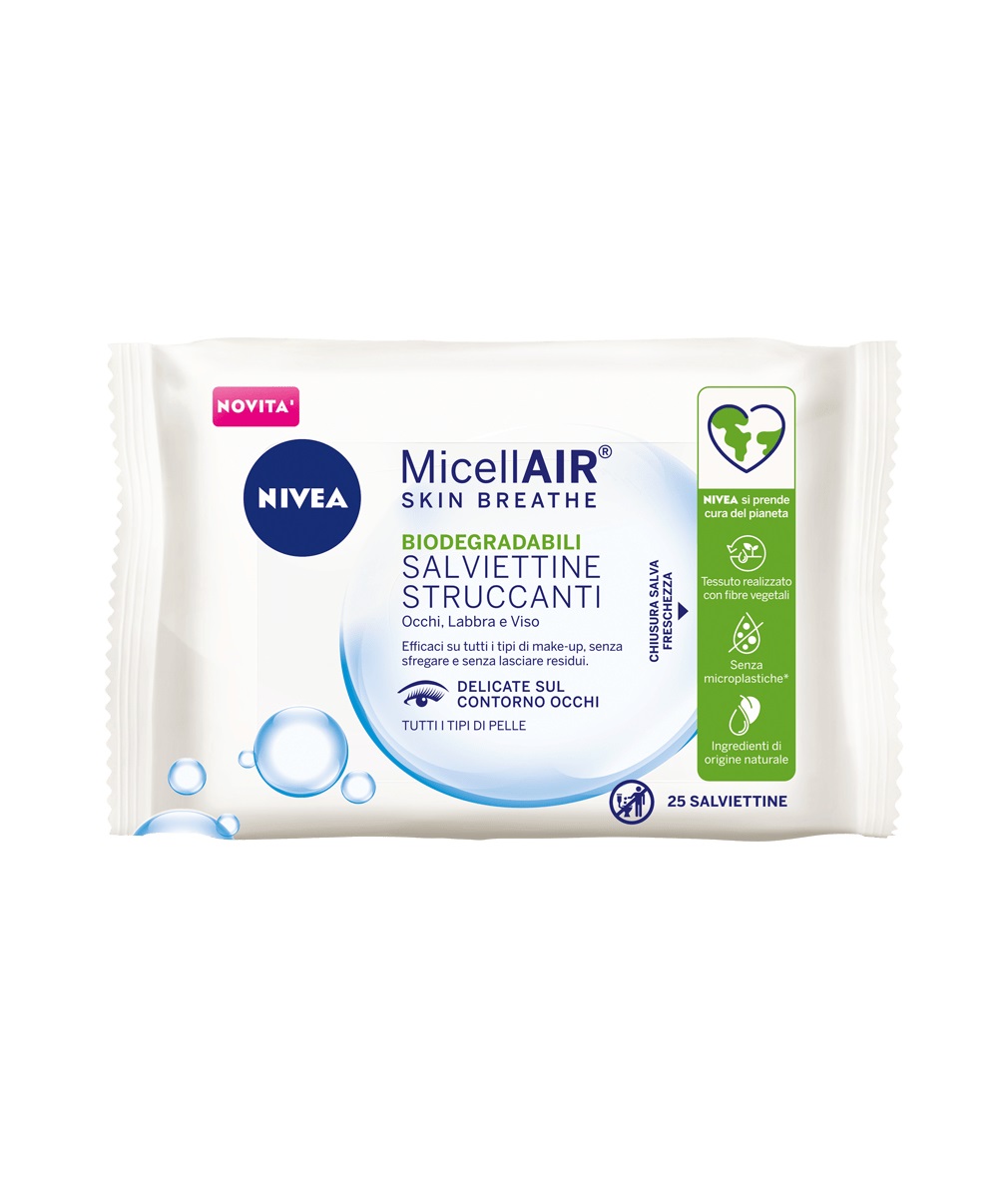 NIVEA MicellAir Skin Breathe Salviettine Struccanti 3in1 - 25 Pezzi, Delicate per Occhi, Viso e Labbra, Rimuovono Trucco Waterproof