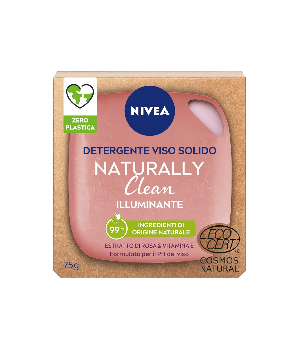 NIVEA Naturally Clean Detergente Viso Solido Illuminante 75 g - Con Olio di Mandorla e Mirtilli, 99% Ingredienti Naturali, 100% Vegan e Senza Plastica