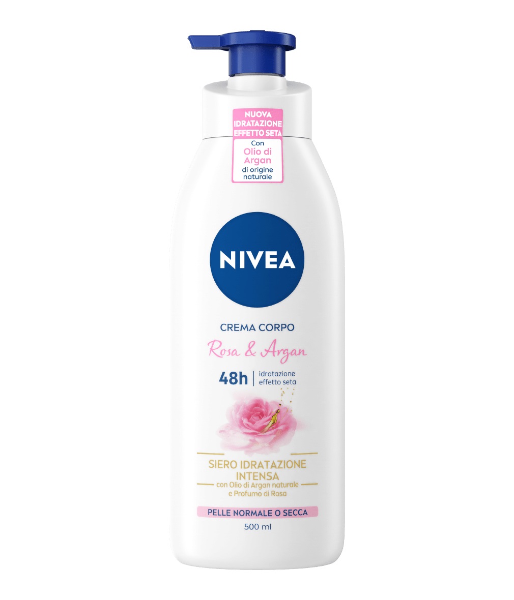 NIVEA Crema Corpo Rosa & Argan 500 ml - Idratante per Pelli Normali e Secche con Olio di Argan e Profumo di Rosa, 48 Ore di Idratazione