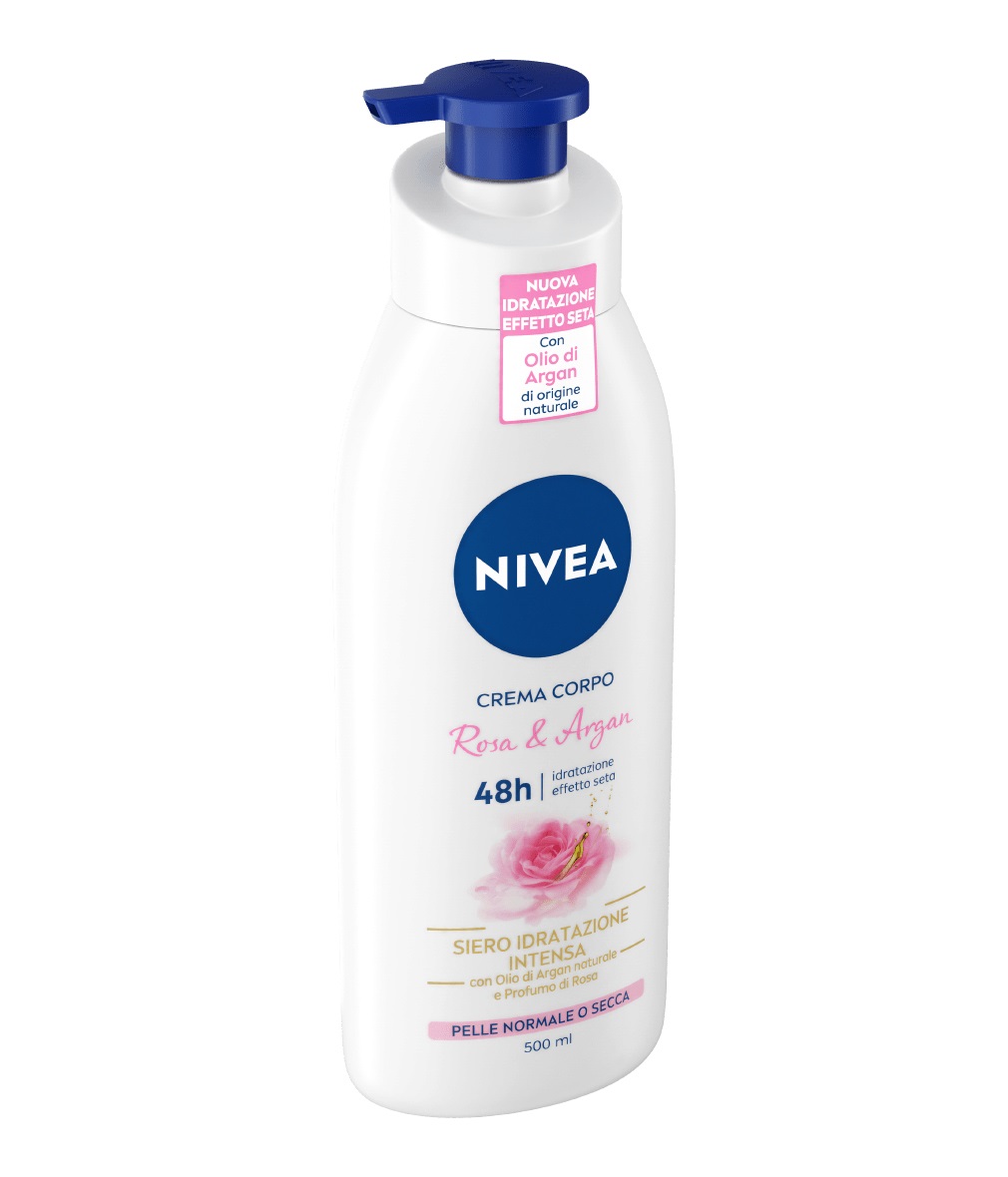NIVEA Crema Corpo Rosa & Argan 500 ml - Idratante per Pelli Normali e Secche con Olio di Argan e Profumo di Rosa, 48 Ore di Idratazione