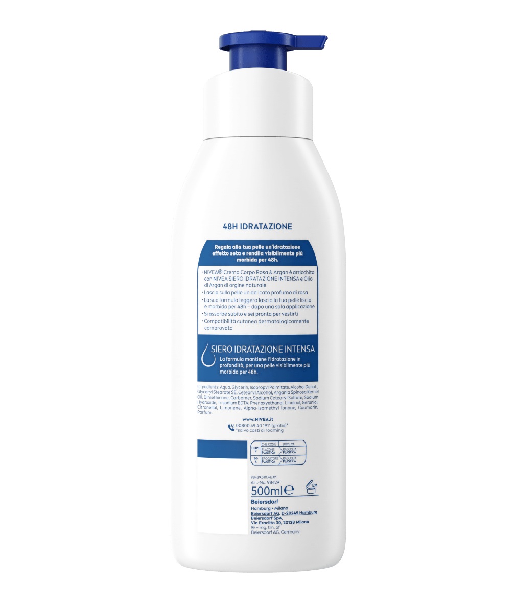 NIVEA Crema Corpo Rosa & Argan 500 ml - Idratante per Pelli Normali e Secche con Olio di Argan e Profumo di Rosa, 48 Ore di Idratazione