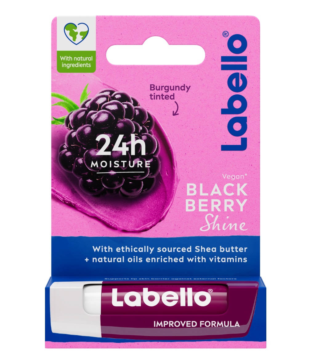 Labello Blackberry Shine Balsamo Labbra 4.8 g - Aroma di More, Colore Bordeaux Scintillante, Formula Idratante Senza Oli Minerali