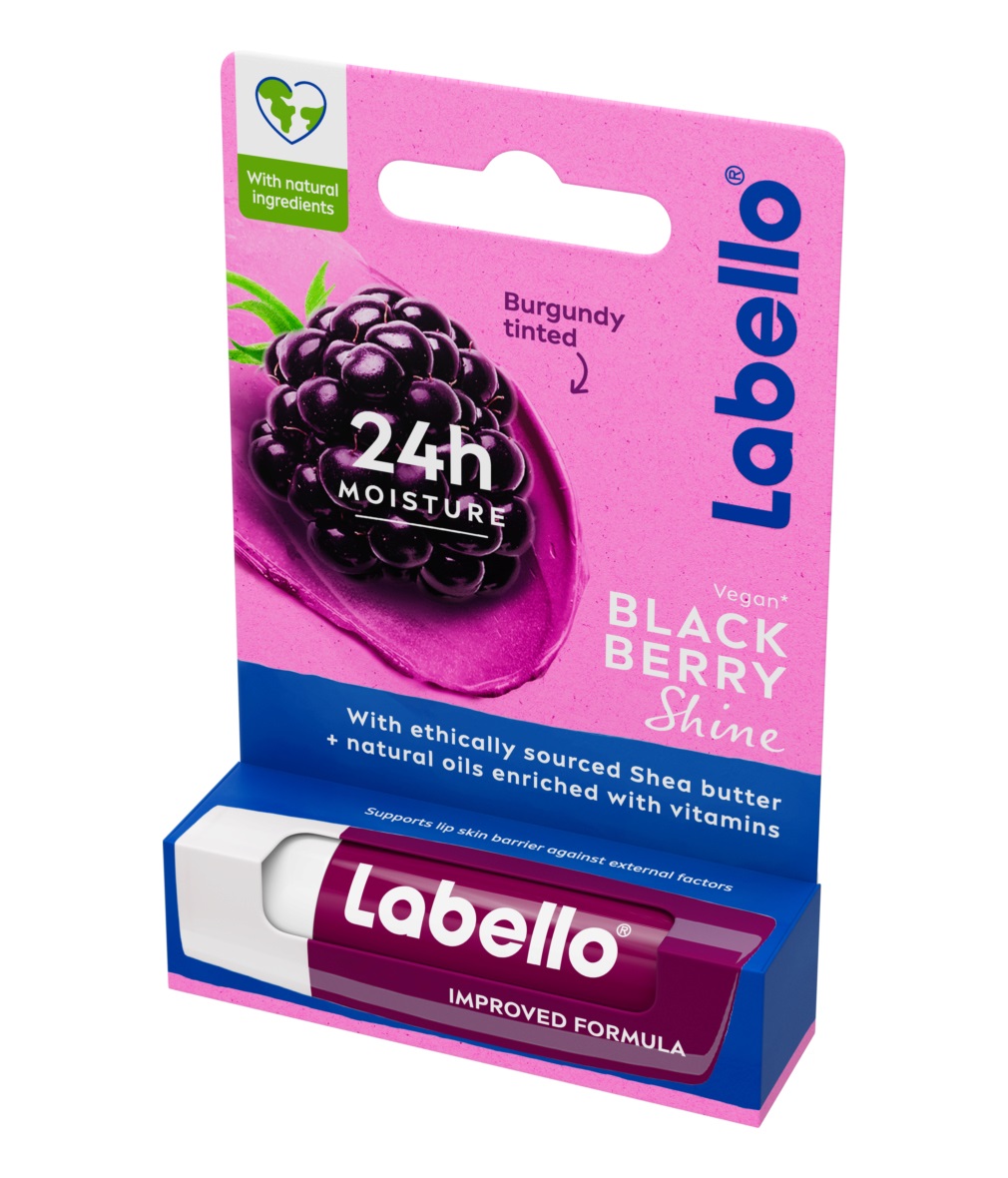 Labello Blackberry Shine Balsamo Labbra 4.8 g - Aroma di More, Colore Bordeaux Scintillante, Formula Idratante Senza Oli Minerali