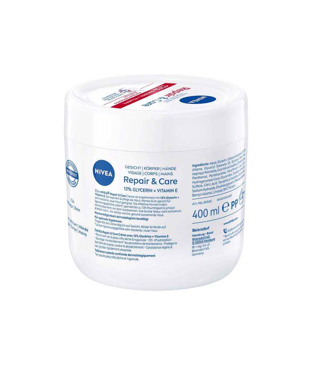 NIVEA Repair & Care Crema Corpo 400 ml - Idratante, Non Grassa, con Vitamina E e Glicerina per Pelli Molto Secche