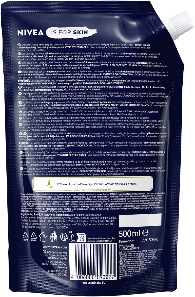 NIVEA MEN Gel Doccia Energy 500 ml - Pulisce e Idrata per un'Igiene Quotidiana Fresca