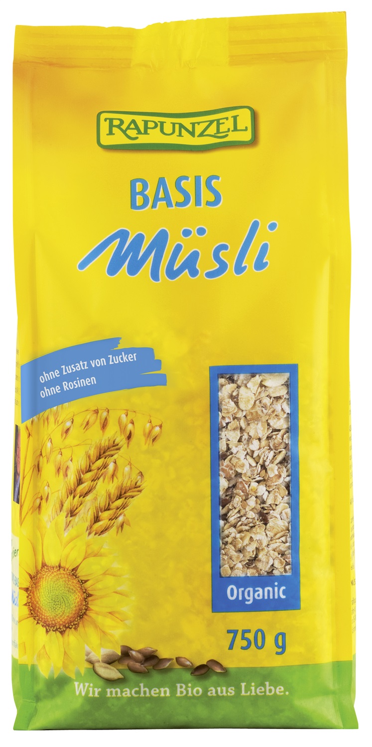 Rapunzel Muesli Basis Biologico Senza Zuccheri Aggiunti 750 g - Fiocchi di Avena, Frumento, Orzo e Semi Tostati
