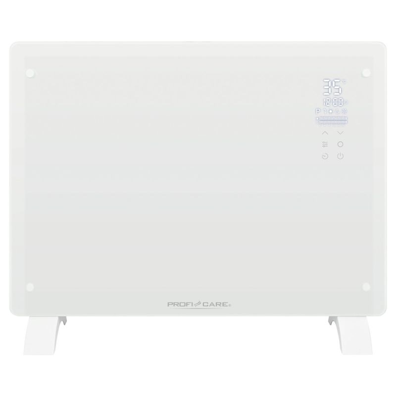 ProfiCare PC-GKH 3118 Riscaldatore Elettrico a Infrarossi Bianco con Frontale in Vetro, Elemento Riscaldante a Forma di X, 750/1500 Watt, Mobile e Adatto per Montaggio a Parete