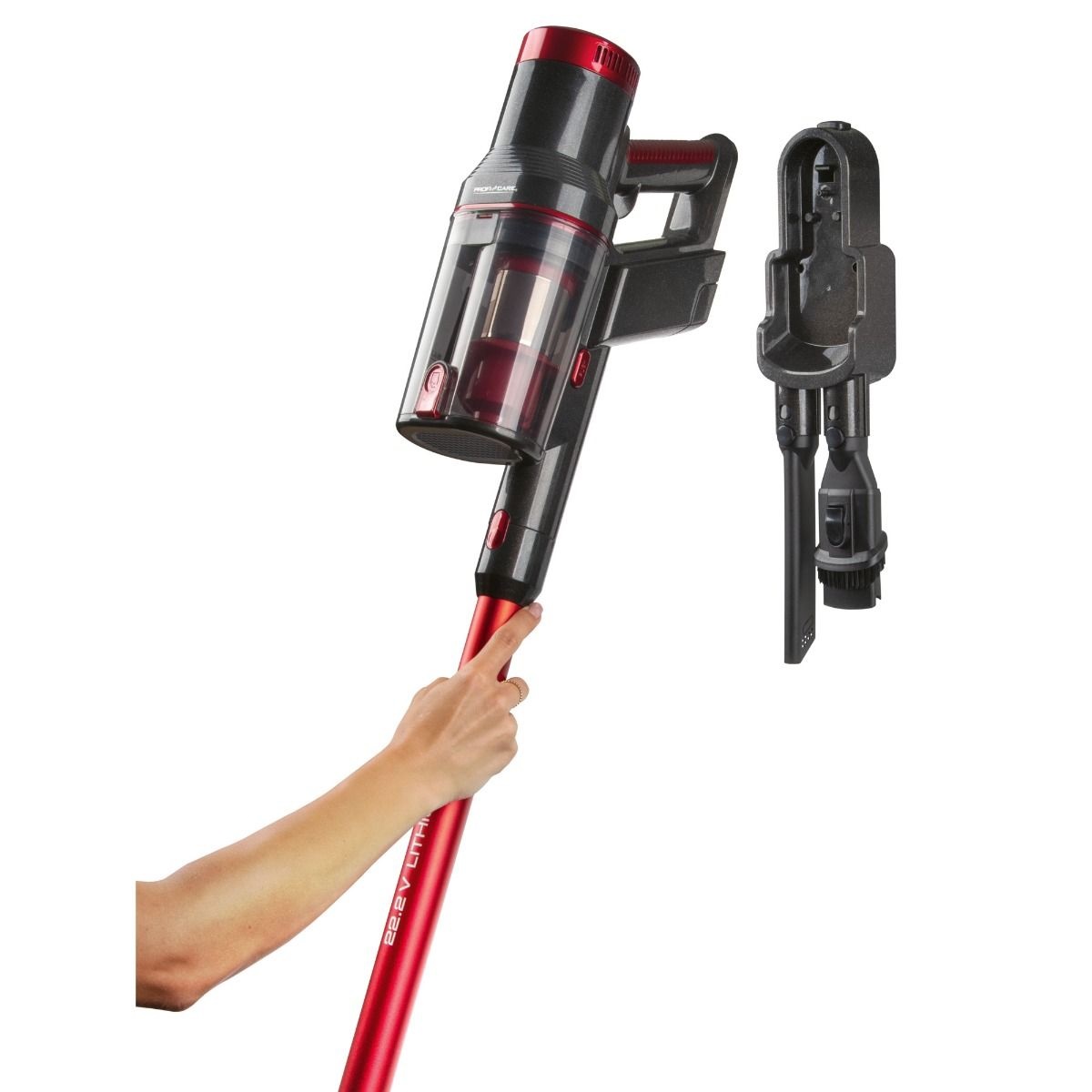ProfiCare PC-BS3136A - Aspirapolvere 2in1 Rosso con Batteria 22,2V, Potenza 250W, Autonomia 35 min e Filtraggio Senza Sacco