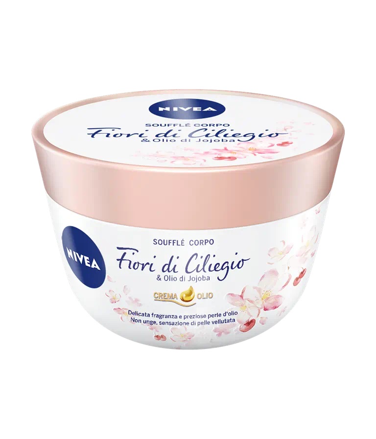 Nivea Crema Corpo Soufflé Fiori di Ciliegio & Olio di Jojoba 200 ml - Morbidissima crema con perle d'olio, assorbimento rapido e delicata fragranza