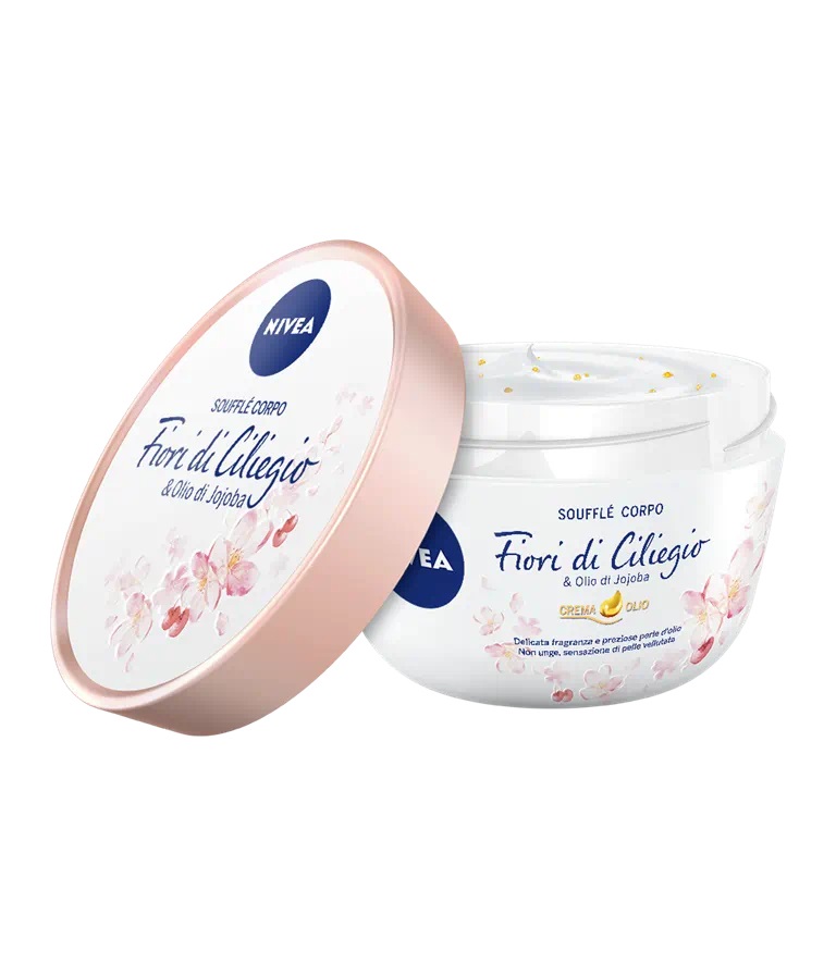 Nivea Crema Corpo Soufflé Fiori di Ciliegio & Olio di Jojoba 200 ml - Morbidissima crema con perle d'olio, assorbimento rapido e delicata fragranza