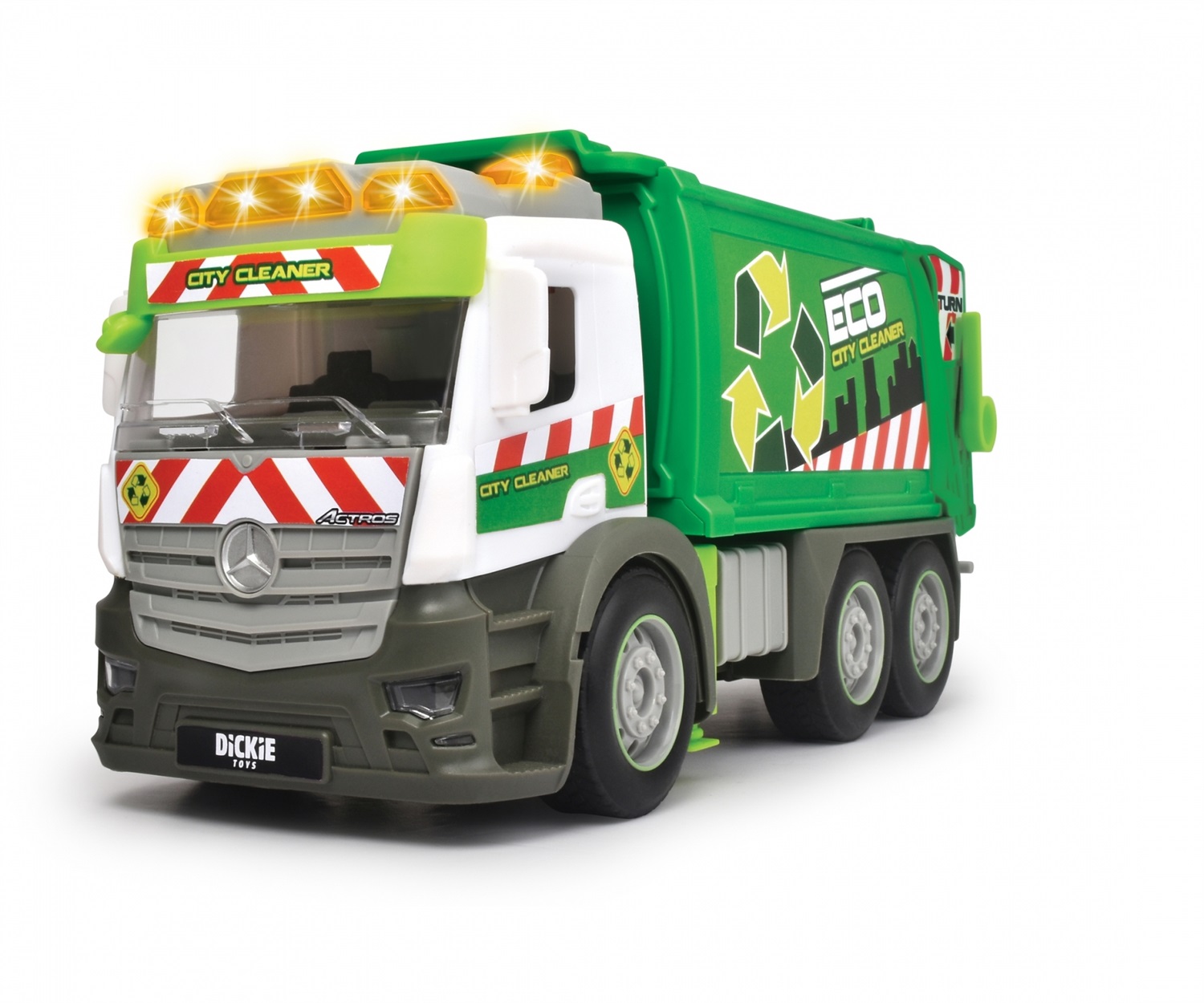 Dickie Toys Mercedes Actros Camion Rifiuti 26 cm - Frizione, Luci & Suoni, Parti Apribili, Cassone Ribaltabile, Età 3