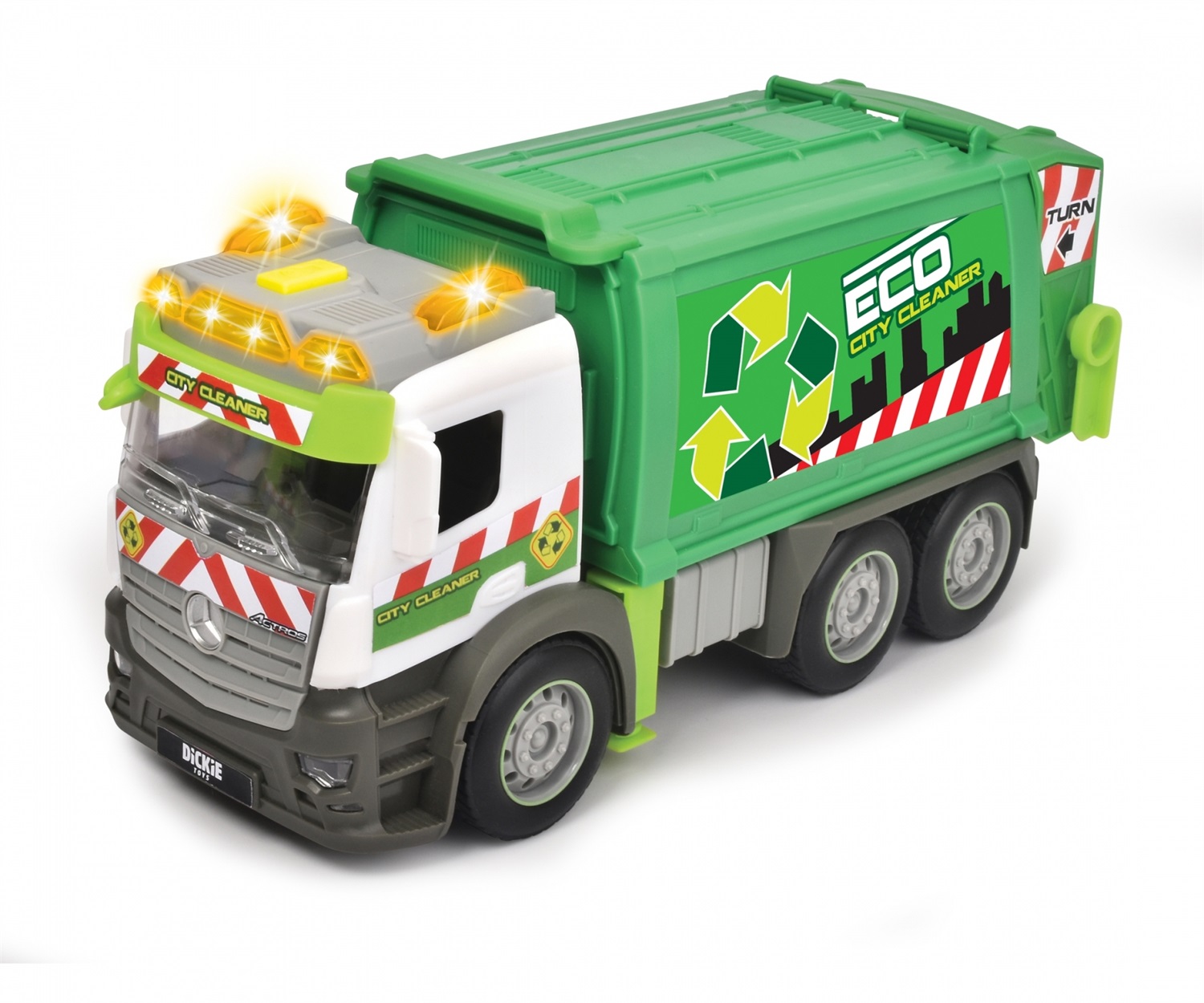 Dickie Toys Mercedes Actros Camion Rifiuti 26 cm - Frizione, Luci & Suoni, Parti Apribili, Cassone Ribaltabile, Età 3