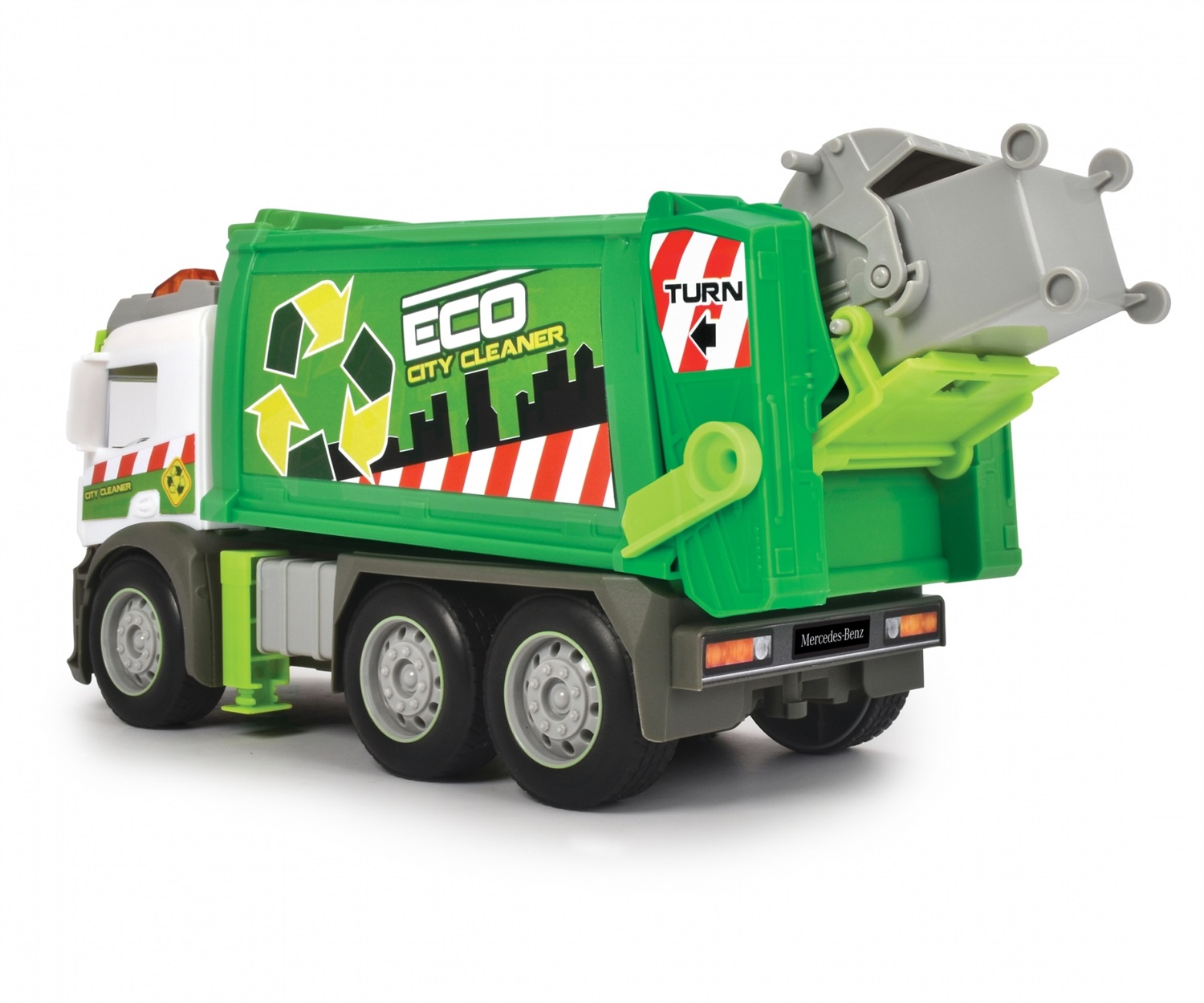 Dickie Toys Mercedes Actros Camion Rifiuti 26 cm - Frizione, Luci & Suoni, Parti Apribili, Cassone Ribaltabile, Età 3