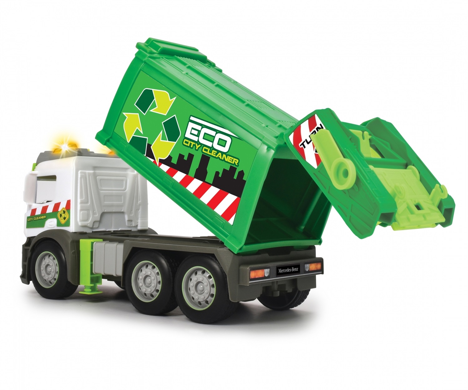 Dickie Toys Mercedes Actros Camion Rifiuti 26 cm - Frizione, Luci & Suoni, Parti Apribili, Cassone Ribaltabile, Età 3