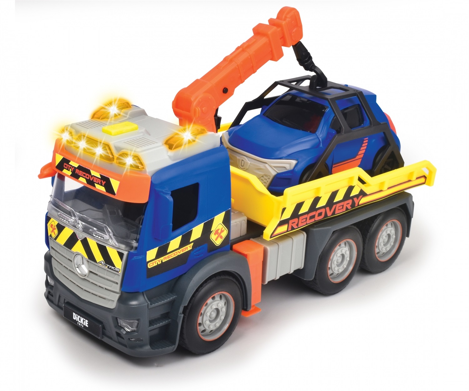 Dickie Toys Mercedes Actros Camion Carroattrezzi 26 cm a Frizione con Luci e Suoni, Parti Apribili e Braccio Telescopico, 3 anni