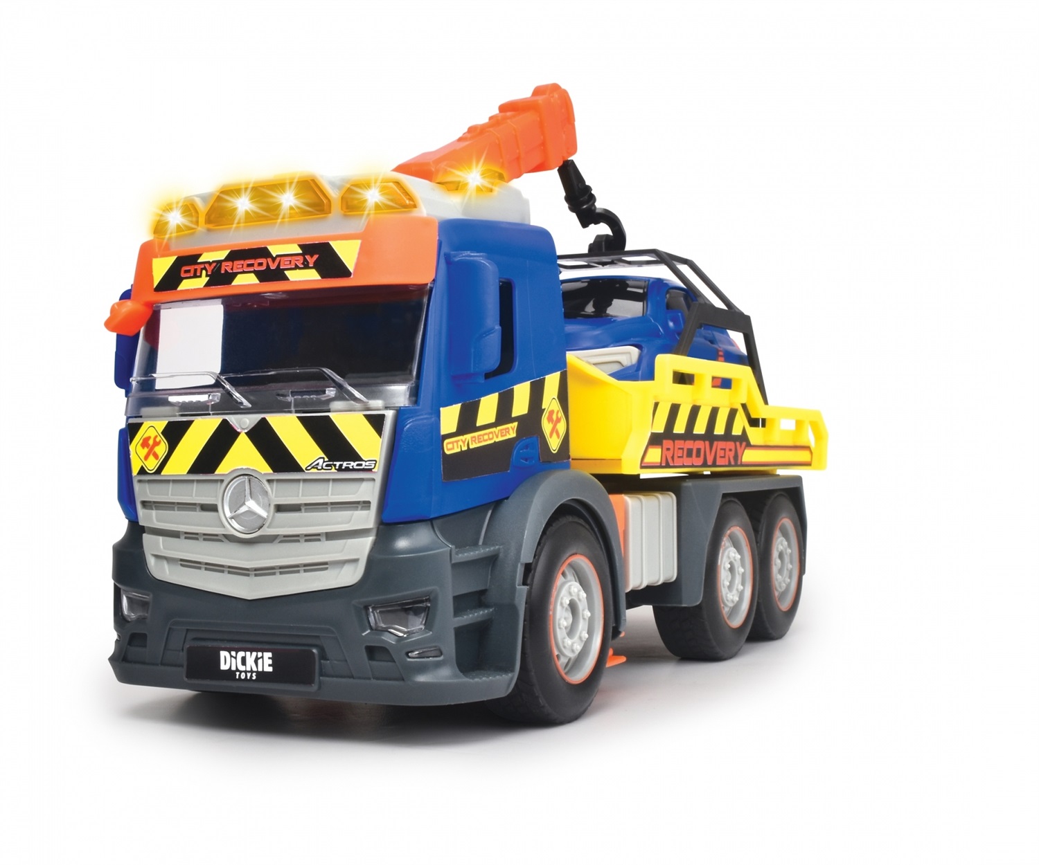 Dickie Toys Mercedes Actros Camion Carroattrezzi 26 cm a Frizione con Luci e Suoni, Parti Apribili e Braccio Telescopico, 3 anni