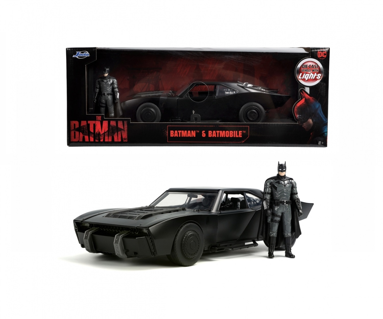 Jada Toys Batman Batmobile 2022 - Modellino in scala 1:18 in metallo die-cast con personaggio di Batman, ruote libere e parti apribili
