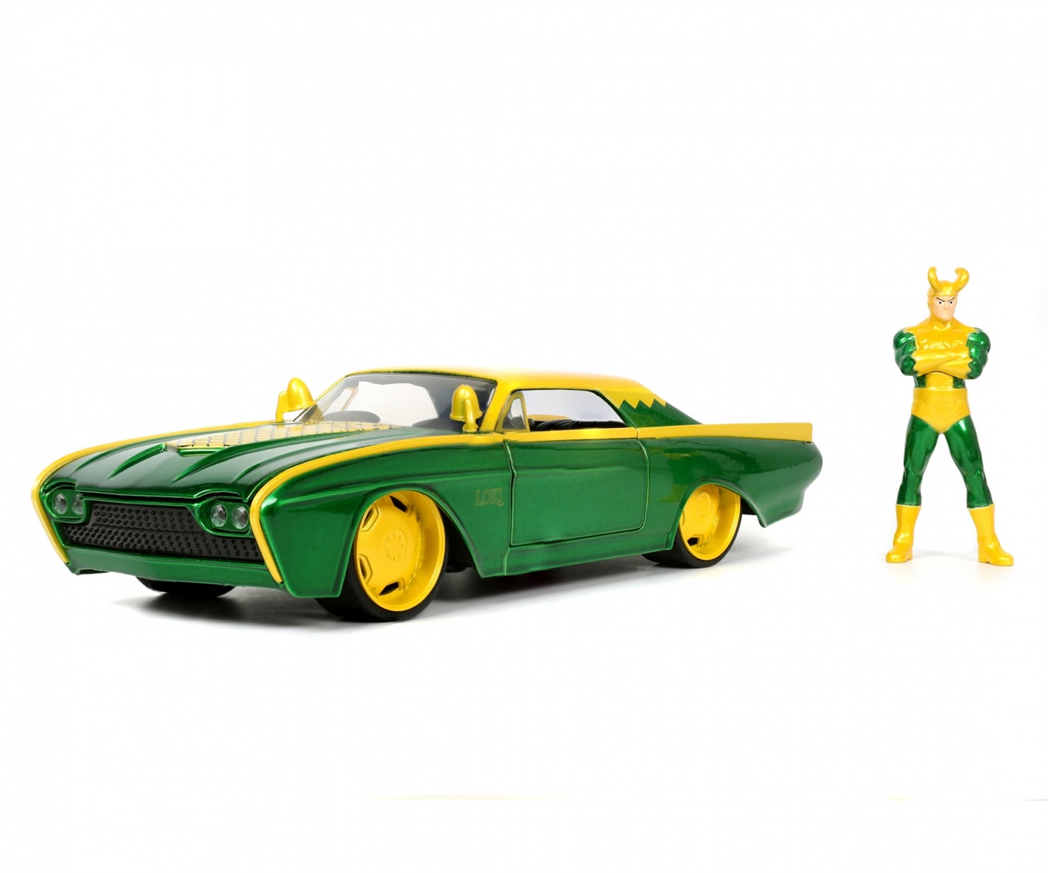 Jada Toys Marvel Loki Ford Thunderbird 1:24 - Die-Cast con Personaggio Incluso, Modello Dettagliato e Apribile