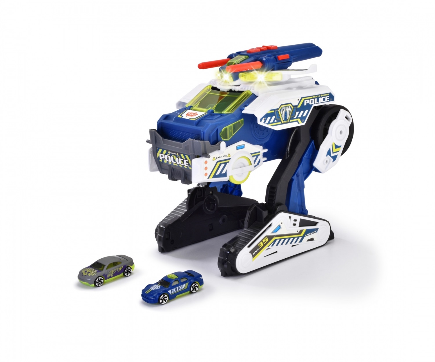 Dickie Toys Police Bot 35 cm - Pieghevole, Luci e Suoni, Funzione Shooting, con 2 Veicoli Die Cast