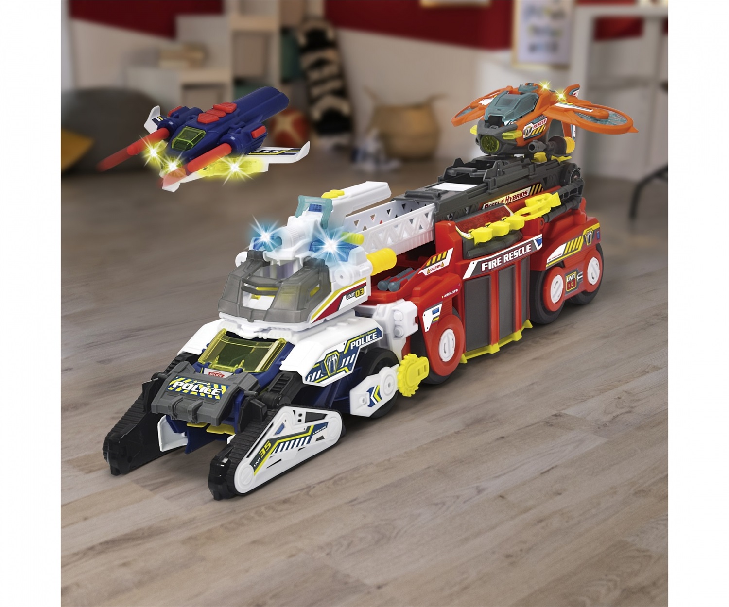 Dickie Toys Police Bot 35 cm - Pieghevole, Luci e Suoni, Funzione Shooting, con 2 Veicoli Die Cast