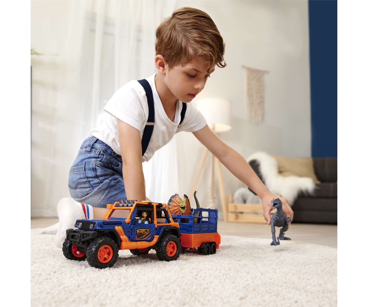 Dickie Toys Dino Commander Veicolo Giocattolo con Luci e Suoni, cm 40, per Bambini 3 Anni, Include Personaggio e Dinosauri