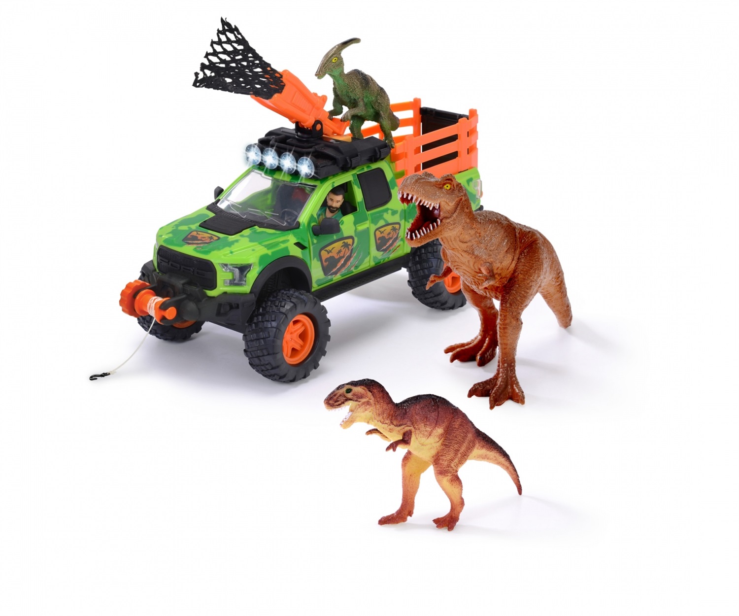 Dickie Toys Ford Raptor Dino Hunter 25 cm - Veicolo Giocattolo con Luci e Suoni, Inclusi 3 Dinosauri e Personaggio, Funzionamento a Ruota Libera