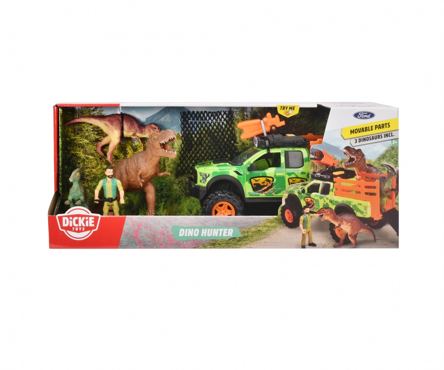 Dickie Toys Ford Raptor Dino Hunter 25 cm - Veicolo Giocattolo con Luci e Suoni, Inclusi 3 Dinosauri e Personaggio, Funzionamento a Ruota Libera