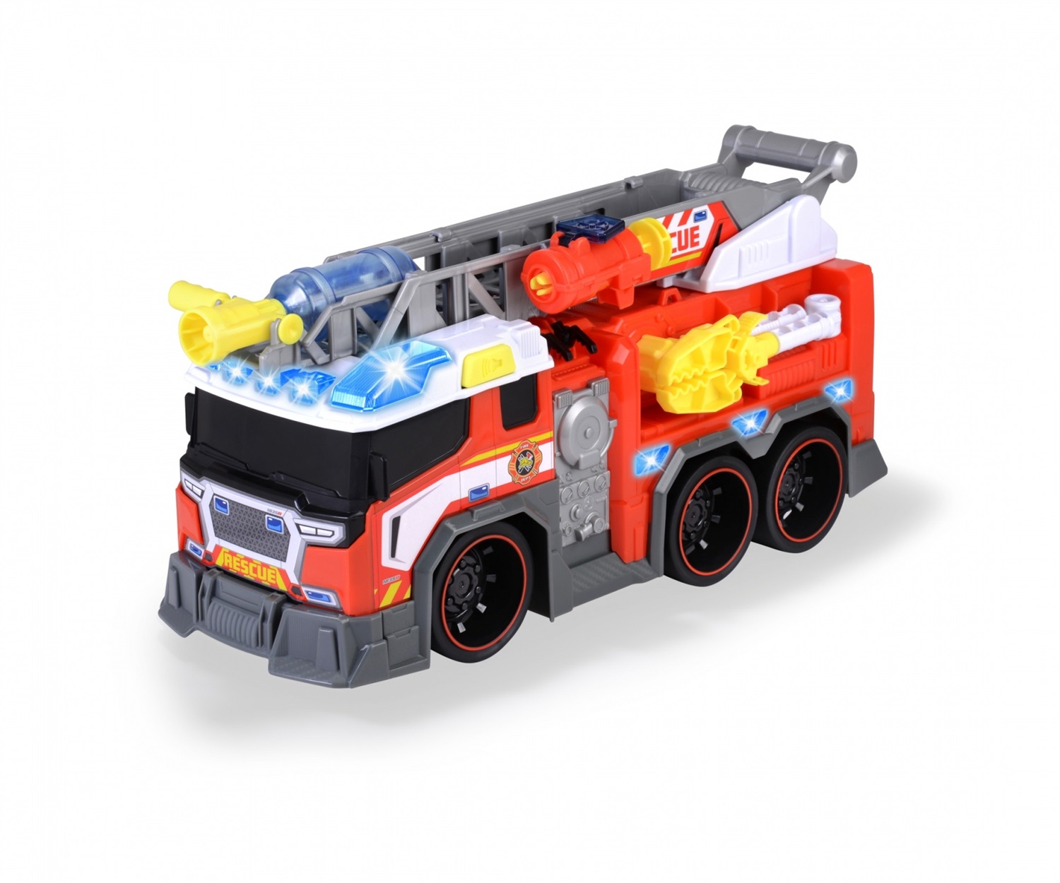 Dickie Toys Camion dei Pompieri 203307000 - 38 cm, con luci e suoni, sistema a ruota libera, funzione spruzza acqua, scala estensibile, per bambini dai 3 anni