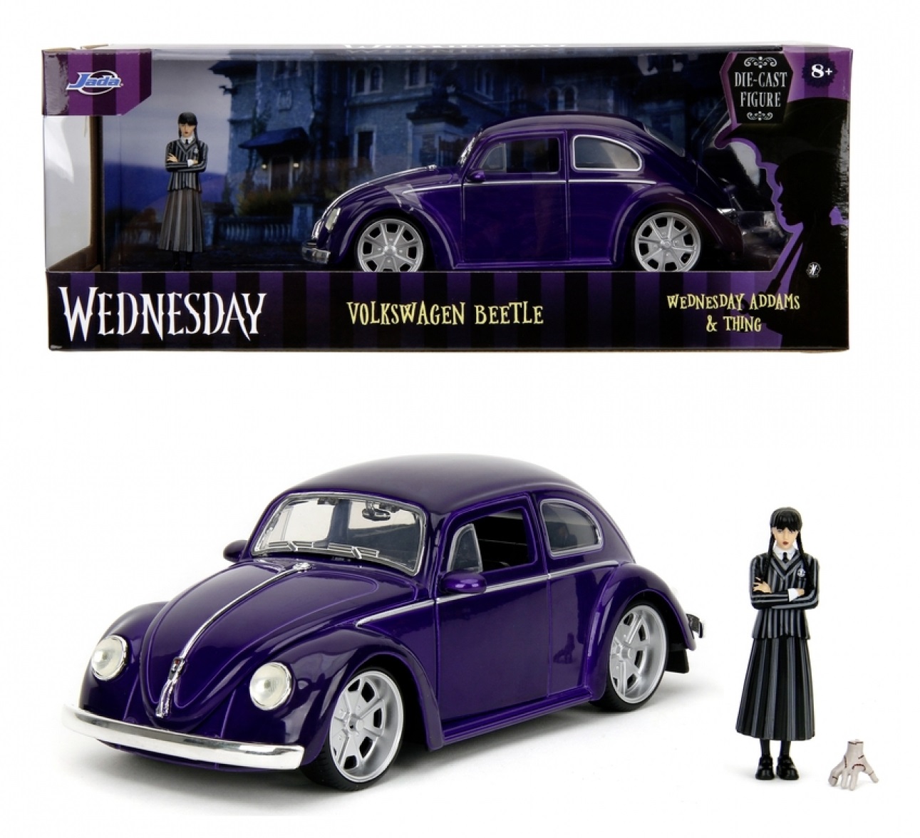 Jada Toys Volkswagen Beetle Wednesday 1:24 Die-Cast con Personaggio di Mercoledì e Mano