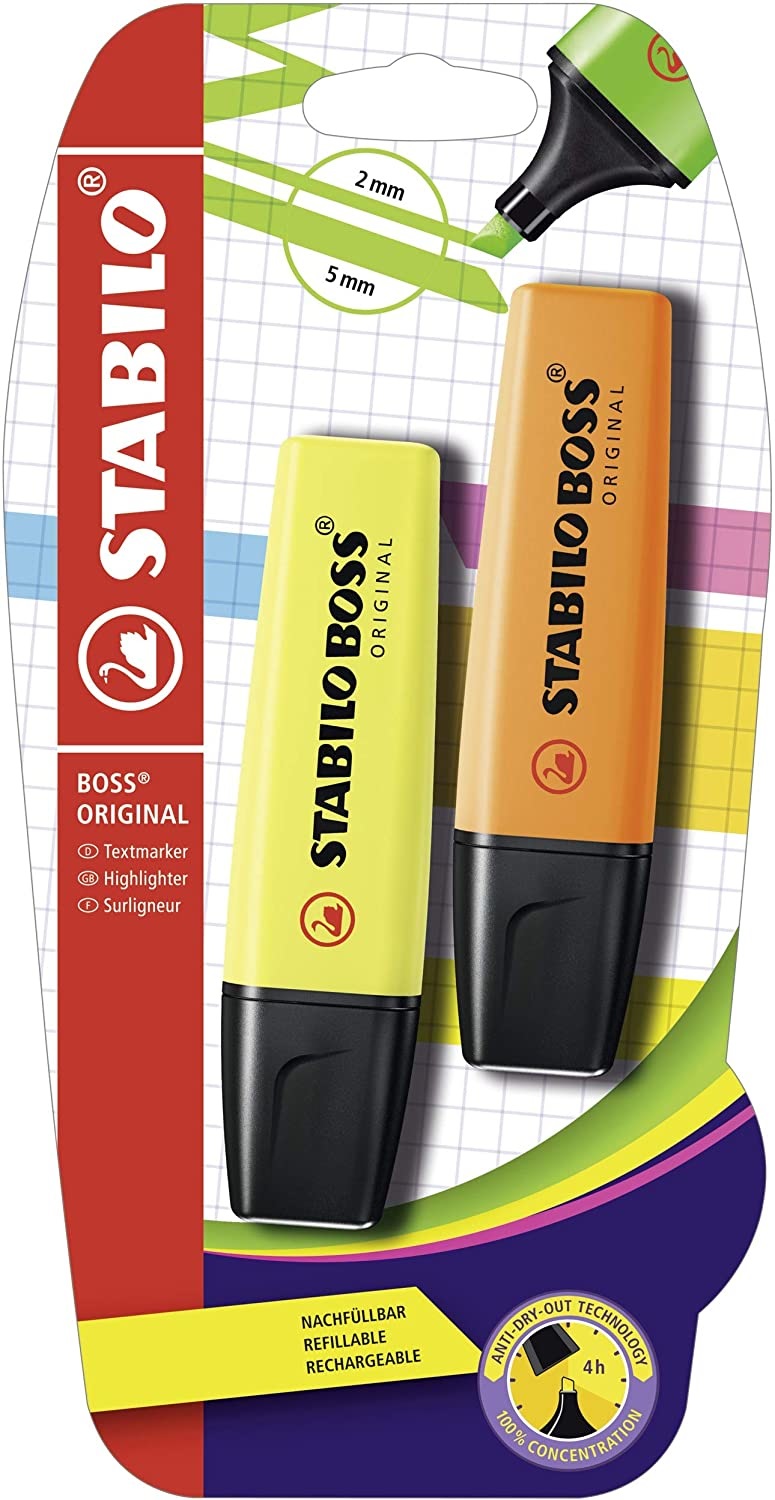 STABILO Evidenziatore BOSS ORIGINAL - Arancione - Pack da 2 - Punta a scalpello, 2 ampiezze di tratto (2 5 mm), inchiostro fluorescente, ricaricabile