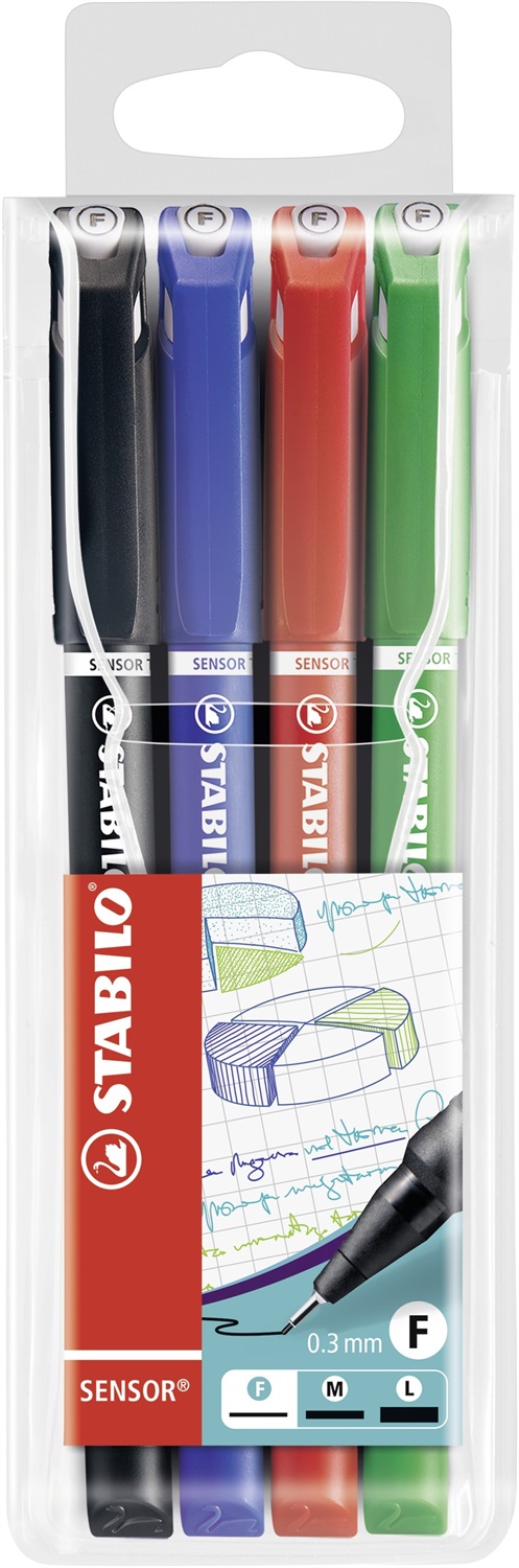 Stabilo Fineliner Sensor - Astuccio 4 colori assortiti (Nero, Blu, Verde, Rosso) - Tratto 0,3 mm con punta rientrante in metallo