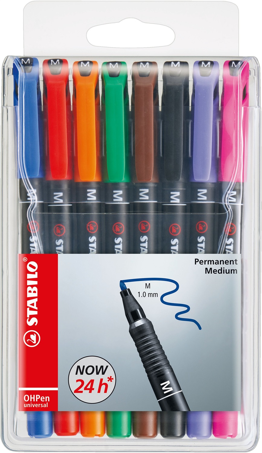STABILO OHPen Marcatore Permanente 1 mm - Astuccio da 8 Colori Assortiti, Ideale per Superfici Lisce