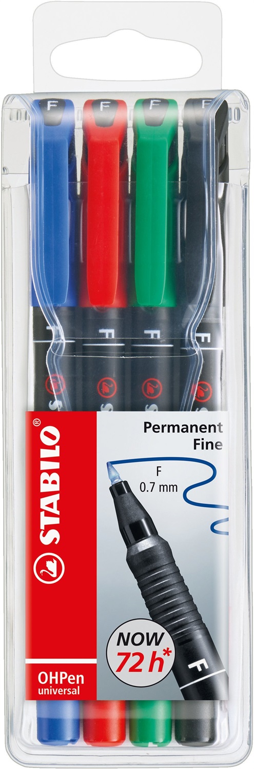STABILO OHPen universal marcatore permanente punta fine 0,7 mm - astuccio 4 colori assortiti (Nero, Blu, Verde, Rosso)