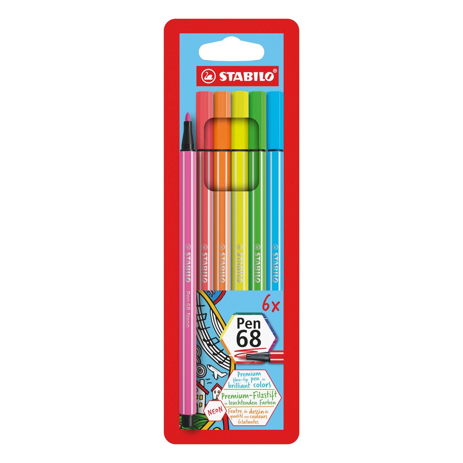 STABILO Pen 68 - Pennarello Premium - Astuccio da 6 - Colori Assortiti Neon - Punta 1 mm - Inchiostro a Base d'Acqua