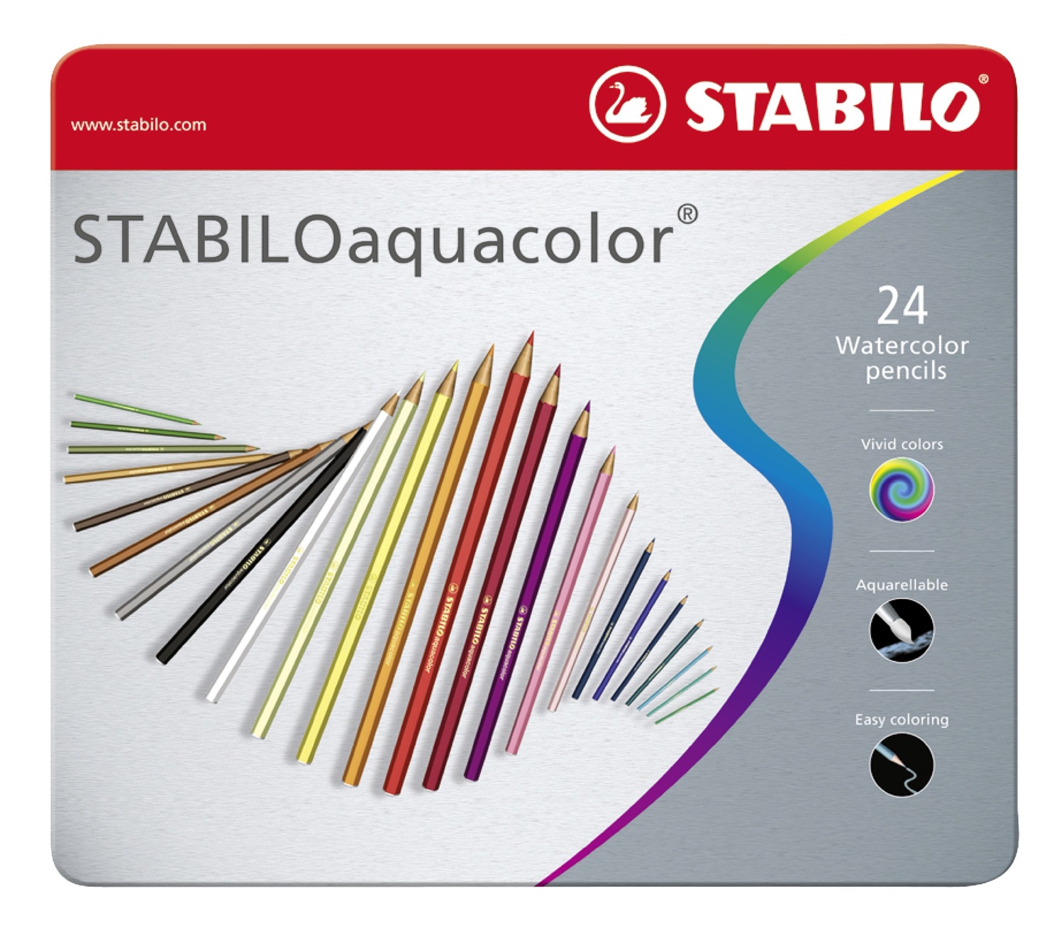STABILO Aquacolor - Matita colorata acquarellabile - Scatola in Metallo da 24 colori assortiti - Tratto 2,8 mm