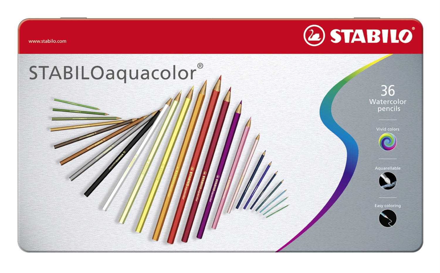 STABILO Aquacolor - Matita colorata acquarellabile - Scatola in Metallo da 36 Colori Assortiti - Tratto 2,8 mm