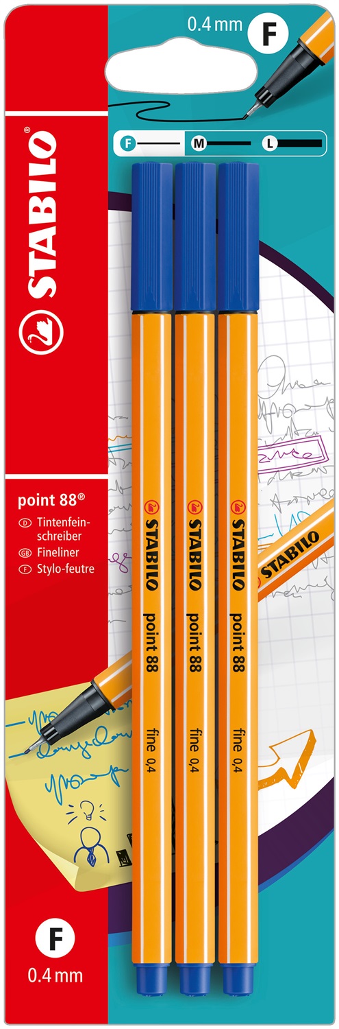 Stabilo Point 88 Fineliner Blu 0,4 mm - Confezione da 3 pz con Punta Rinforzata e Cappuccio Ventilato