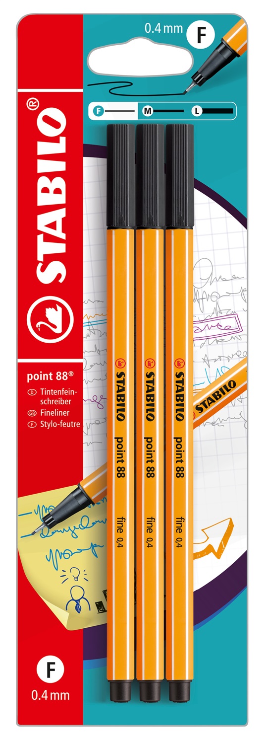 STABILO Point 88 Fineliner 0,4 mm - Pack da 3 - Nero con punta rinforzata in metallo
