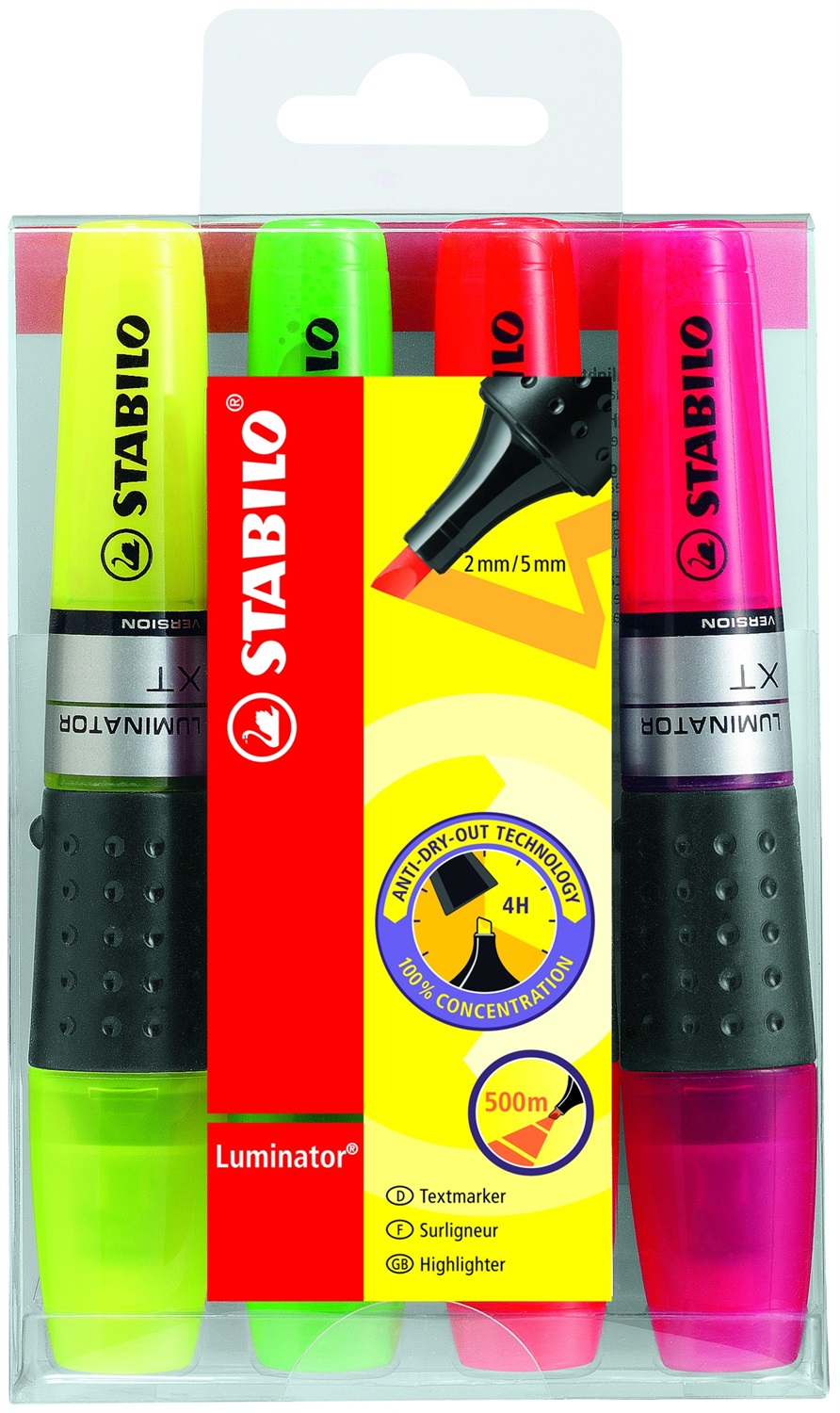 Stabilo Luminator - Set di 4 evidenziatori assortiti 2-5 mm con inchiostro liquido e tecnologia anti-perdita