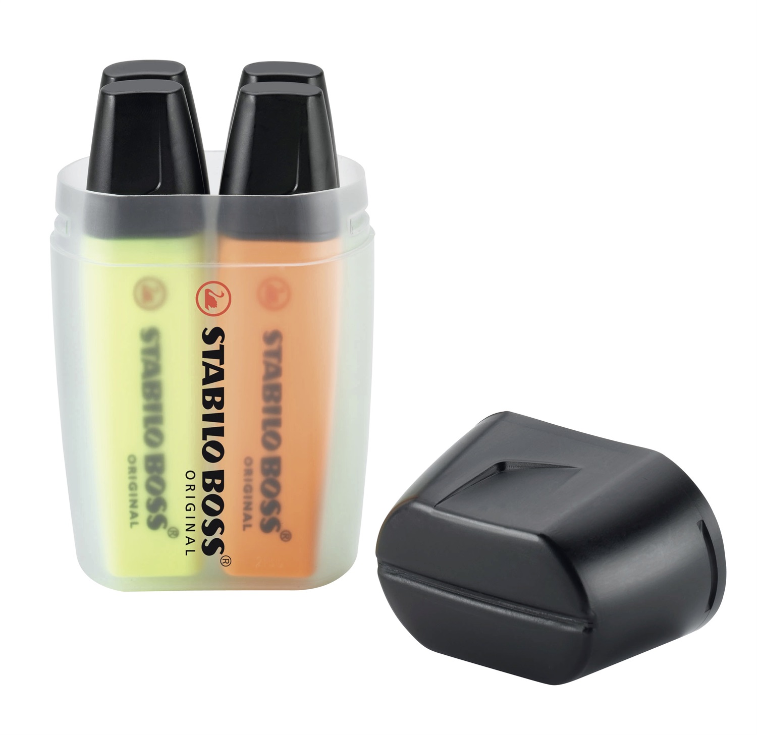 Stabilo BOSS ORIGINAL Evidenziatore Ricaricabile con Punta Smussata, Ampiezza di Tratto 2-5 mm, Inchiostro Fluorescente, Contenitore Big BOSS Box con 4 Colori Assortiti