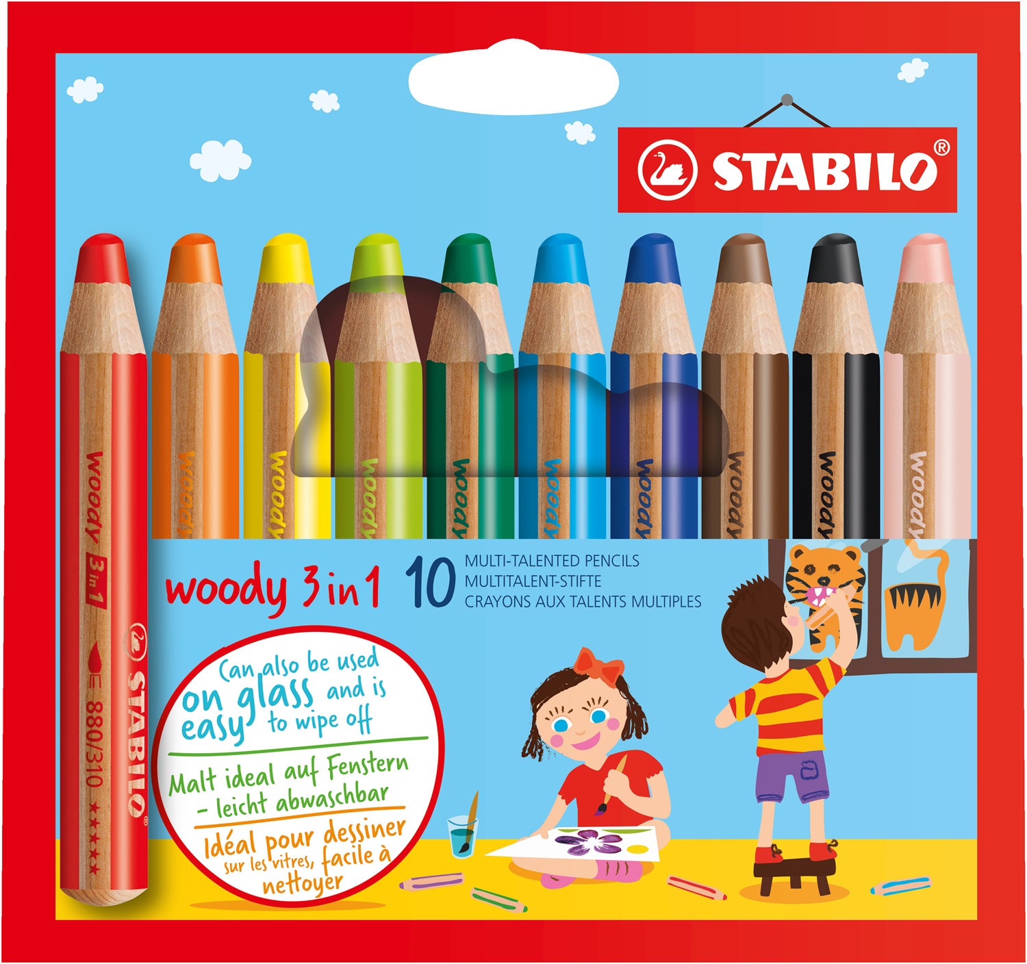 STABILO Woody 3 in 1 - Matita colorata Multi-Funzione, Astuccio da 10 pz, Mina XXL (10 mm), Lavabile