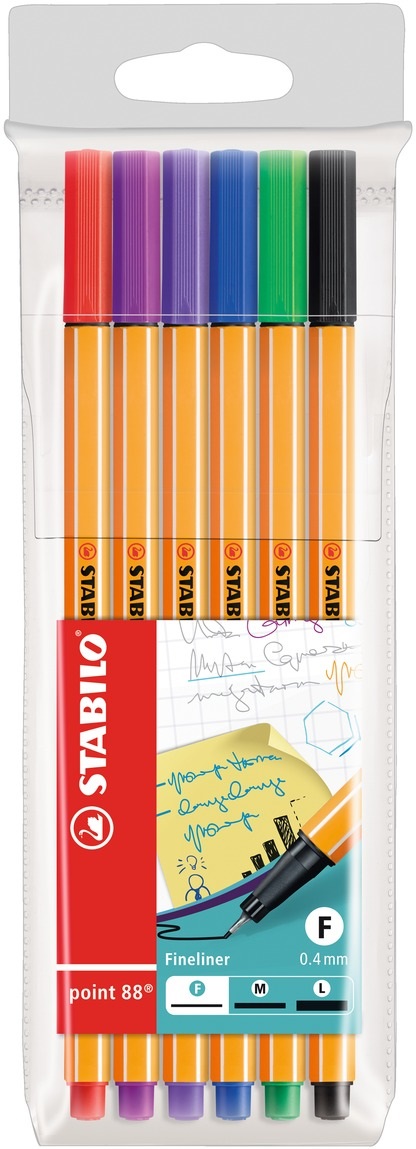 Stabilo Point 88 Fineliner 0,4 mm - Astuccio da 6 Colori Assortiti con Punta Rinforzata