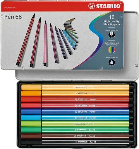 STABILO Pen 68 - Pennarello 1 mm in Scatola di Metallo da 10 Colori Assortiti - Inchiostro a Base d'Acqua, Resistente fino a 24 Ore senza Cappuccio