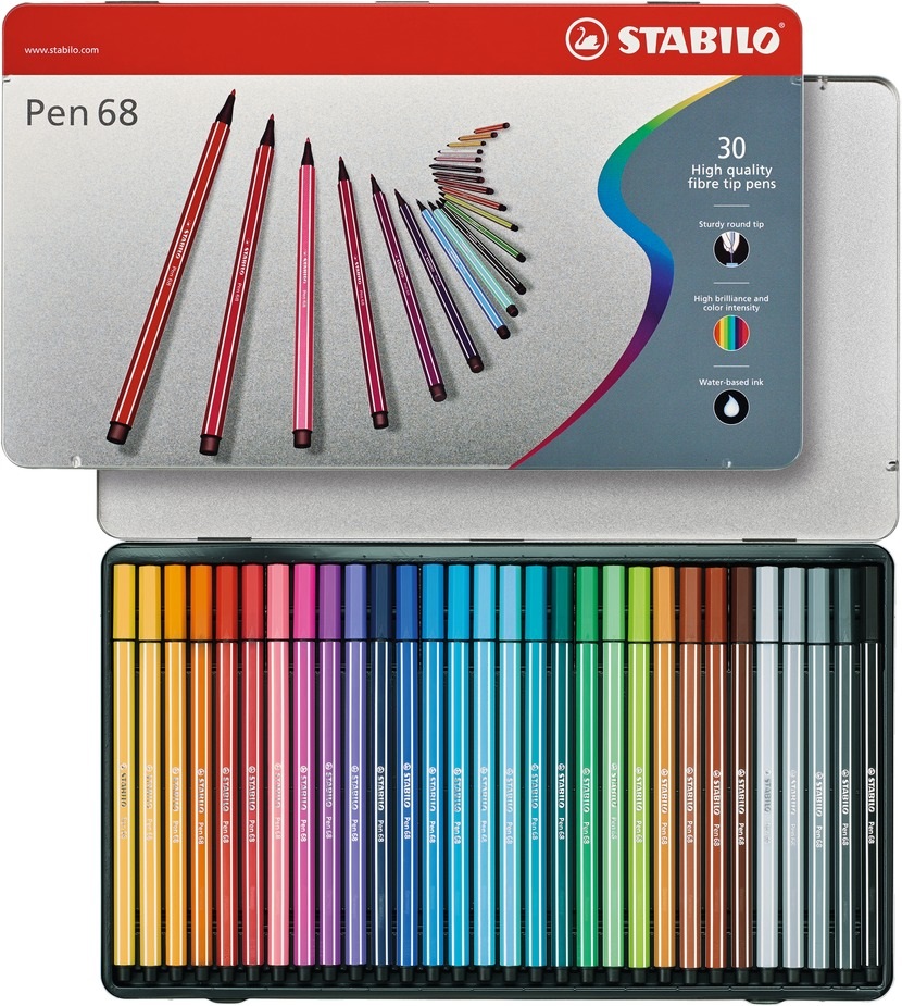 STABILO Pen 68 Pennarello Premium 1 mm - Scatola in Metallo da 30 Colori Assortiti