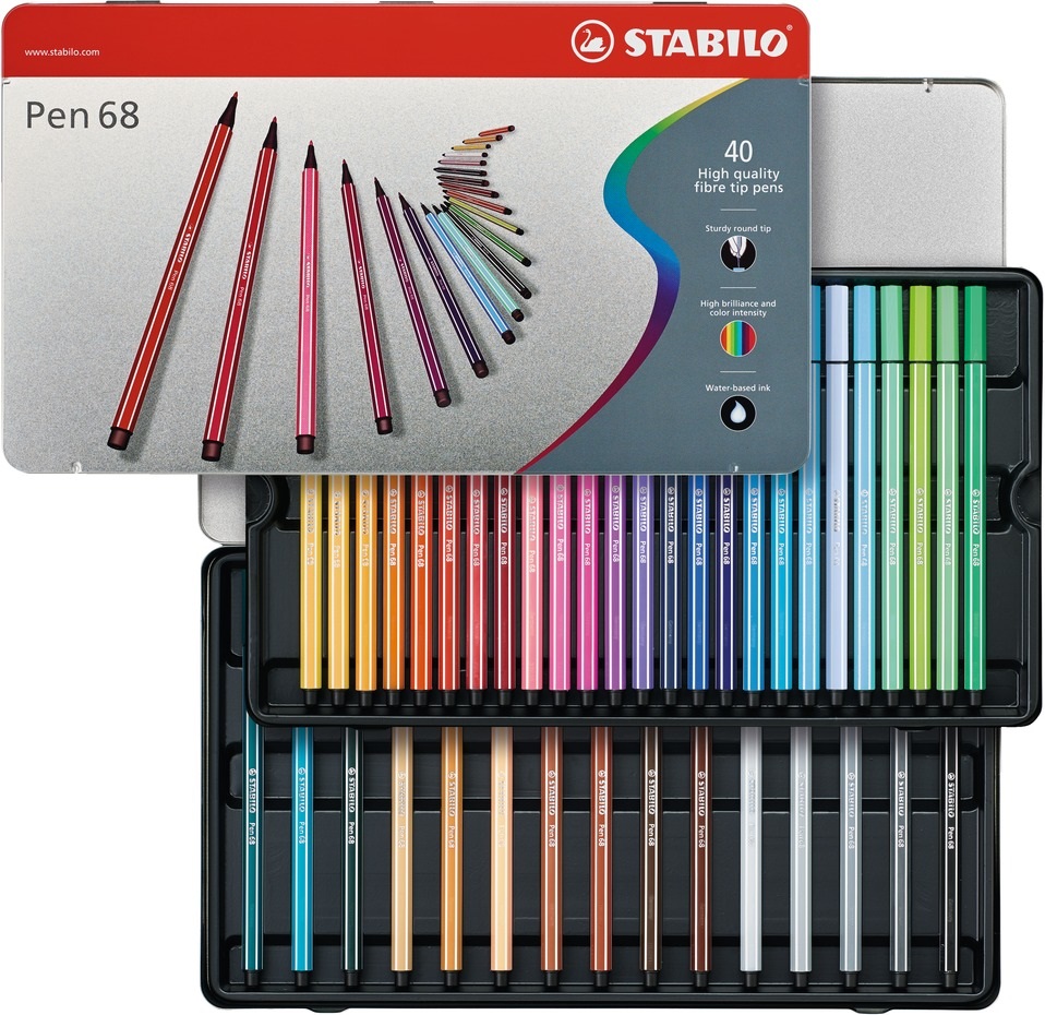 STABILO Pen 68 Pennarello 1 mm - Scatola in Metallo con 40 Colori Assortiti, Inchiostro a Base d'Acqua, Resistente fino a 24 Ore