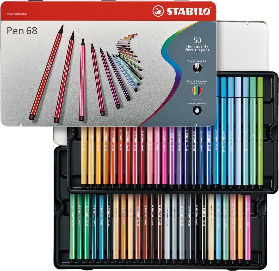 STABILO Pen 68 - Pennarelli 1 mm in Scatola di Metallo, 50 Colori Assortiti, Inchiostro a Base d'Acqua, Resistente fino a 24 Ore