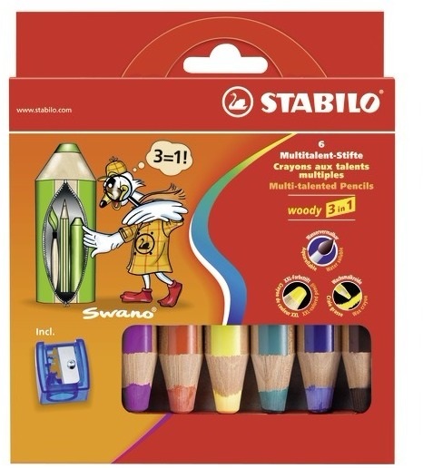 STABILO Woody 3 in 1 - Matita colorata Multi-Funzione con Temperino - Astuccio da 6 pezzi - Mina da 10 mm